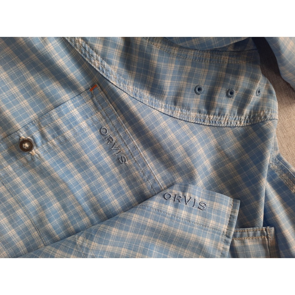 Orvis Men XL Vent Outdoor Plaid Pocket Button Shirt SS Recycled Polyester Blue - Picture 6 of 9